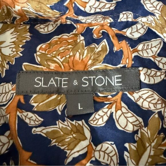 Slate & Stone Shirt Mens Large Blue Orange Floral Leaf Button Up Short Sleeve - Picture 8 of 12